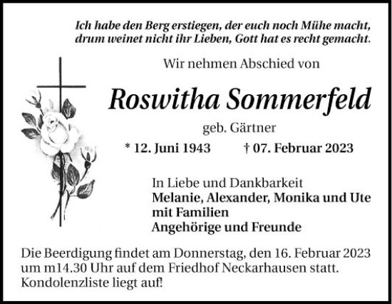 Traueranzeige von Roswitha Sommerfeld von Mannheimer Morgen