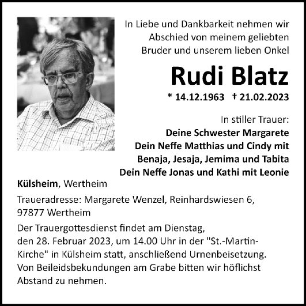  Traueranzeige für Rudi Blatz vom 25.02.2023 aus Fränkische Nachrichten