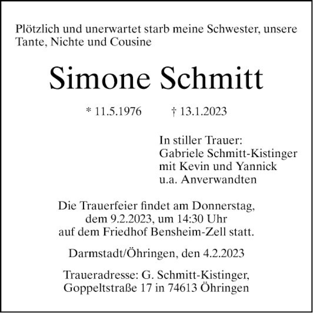  Traueranzeige für Simone Schmitt vom 04.02.2023 aus Bergsträßer Anzeiger