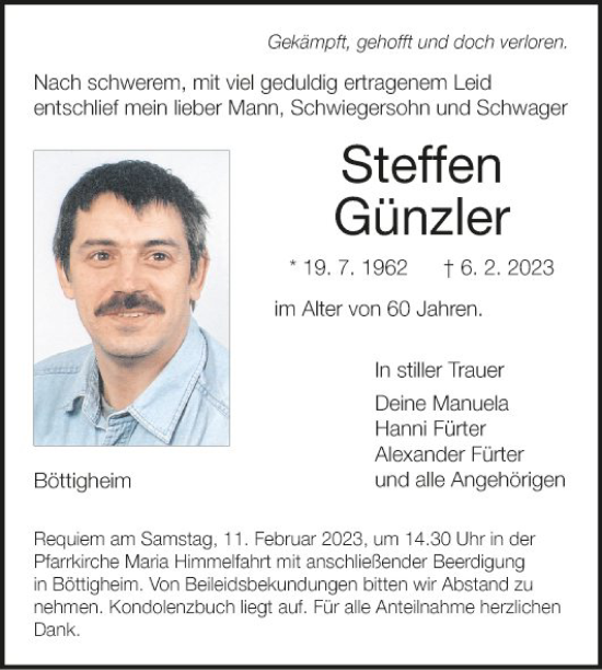 Traueranzeige von Steffen Günzler von Fränkische Nachrichten