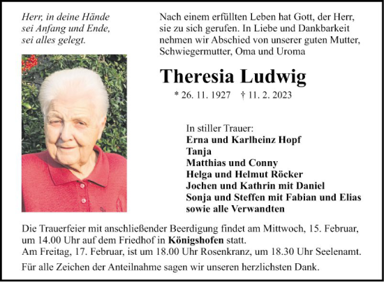 Traueranzeige von Theresia Ludwig von Fränkische Nachrichten
