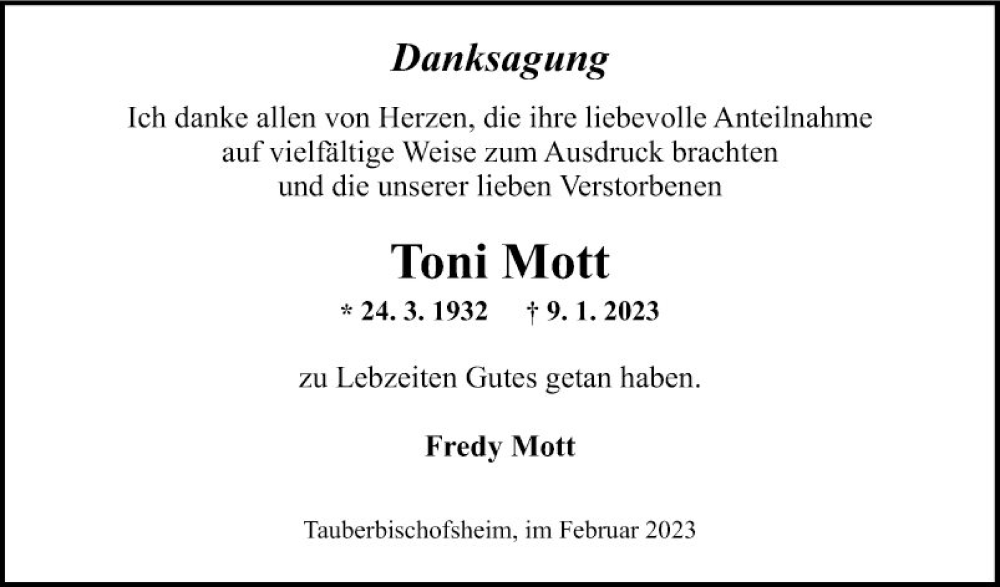  Traueranzeige für Toni Mott vom 04.02.2023 aus Fränkische Nachrichten