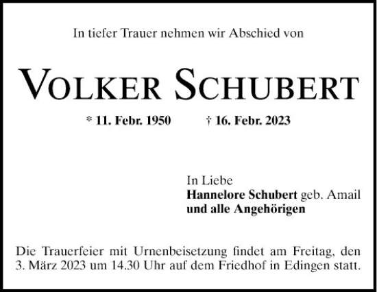 Traueranzeige von Volker Schubert von Mannheimer Morgen