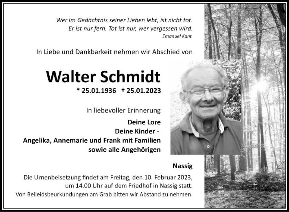  Traueranzeige für Walter Schmidt vom 03.02.2023 aus Fränkische Nachrichten