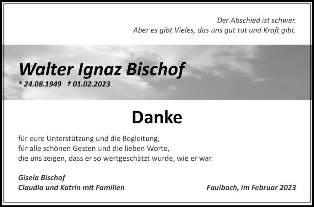  Traueranzeige für Walter Ignaz Bischof vom 18.02.2023 aus Fränkische Nachrichten