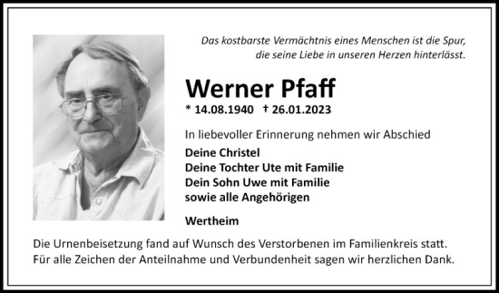 Traueranzeige von Werner Pfaff von Fränkische Nachrichten