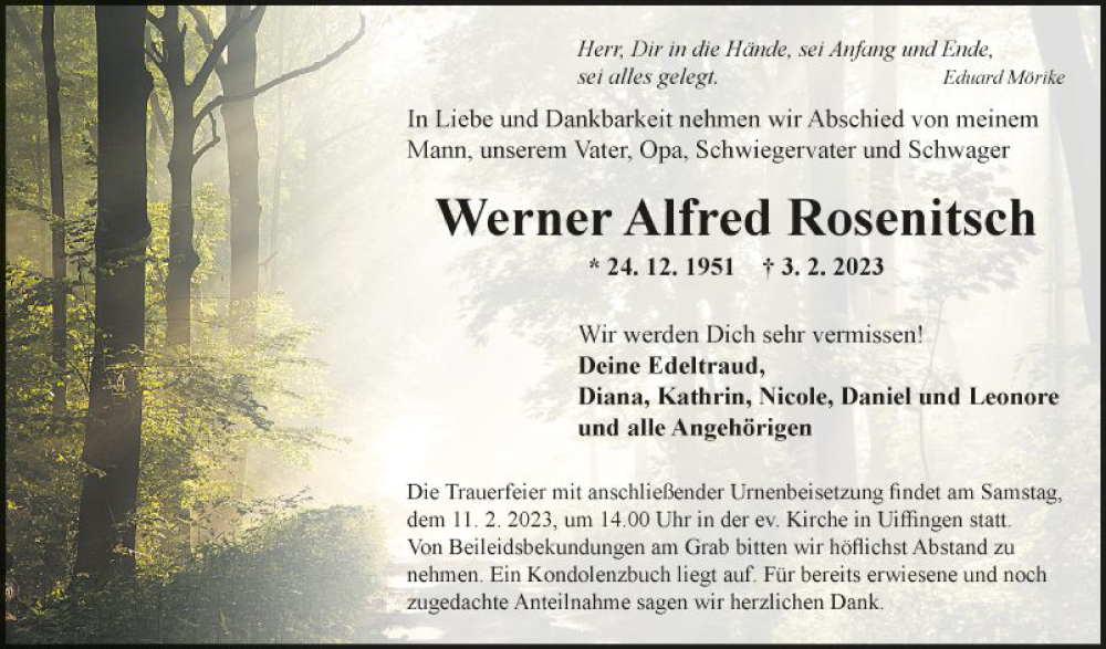  Traueranzeige für Werner Alfred Rosenitsch vom 09.02.2023 aus Fränkische Nachrichten