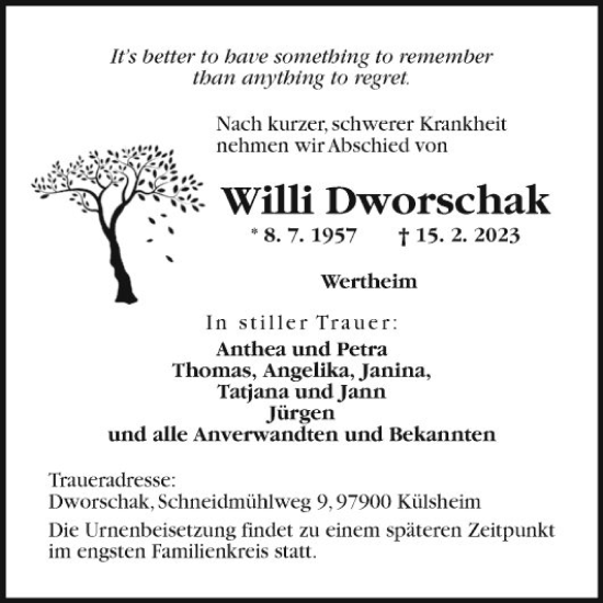 Traueranzeige von Willi Dworschak von Fränkische Nachrichten