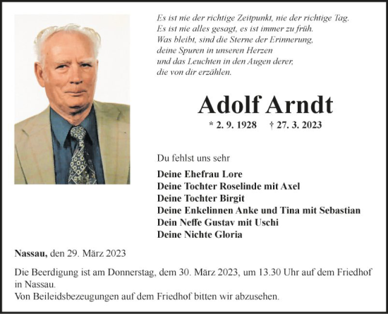 Traueranzeige von Adolf Arndt von Fränkische Nachrichten