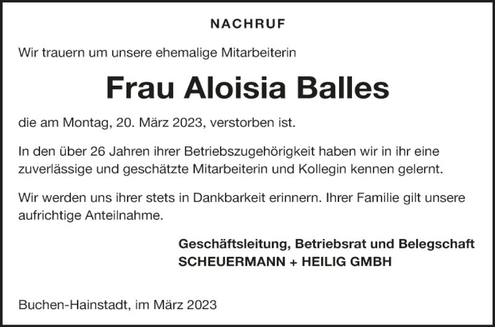  Traueranzeige für Aloisia Balles vom 25.03.2023 aus Fränkische Nachrichten