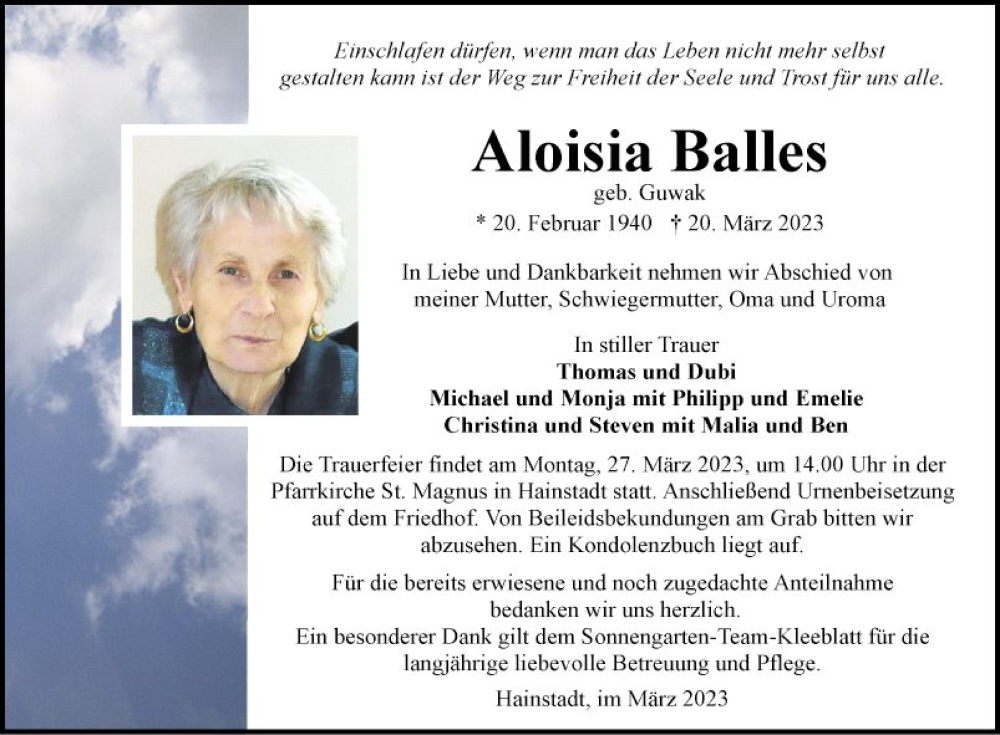  Traueranzeige für Aloisia Balles vom 24.03.2023 aus Fränkische Nachrichten