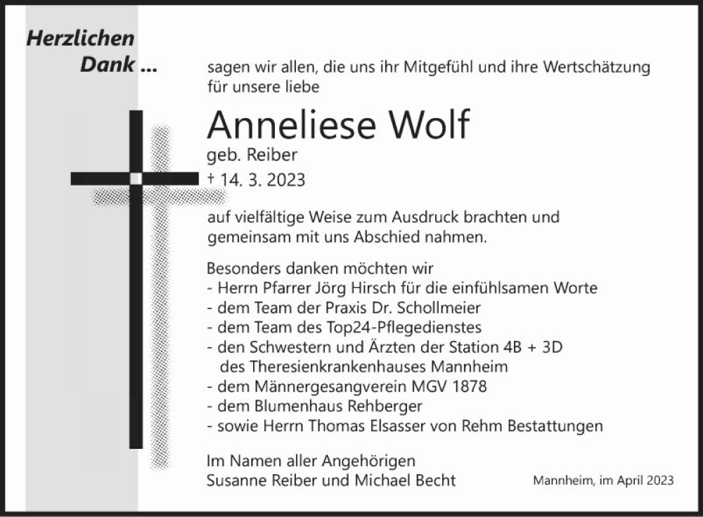 Traueranzeige für Anneliese Wolf vom 01.04.2023 aus Mannheimer Morgen