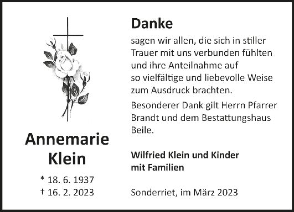  Traueranzeige für Annemarie Klein vom 11.03.2023 aus Fränkische Nachrichten