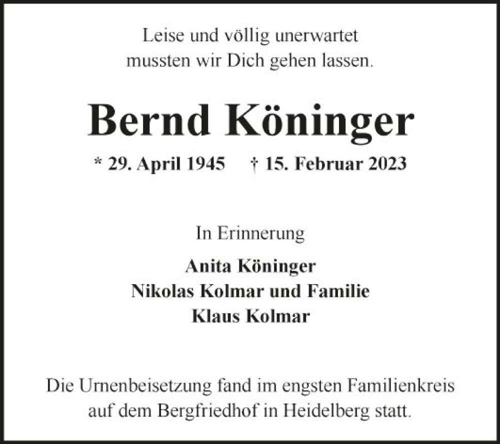  Traueranzeige für Bernd Köninger vom 18.03.2023 aus Fränkische Nachrichten