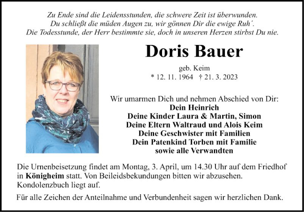  Traueranzeige für Doris Bauer vom 28.03.2023 aus Fränkische Nachrichten