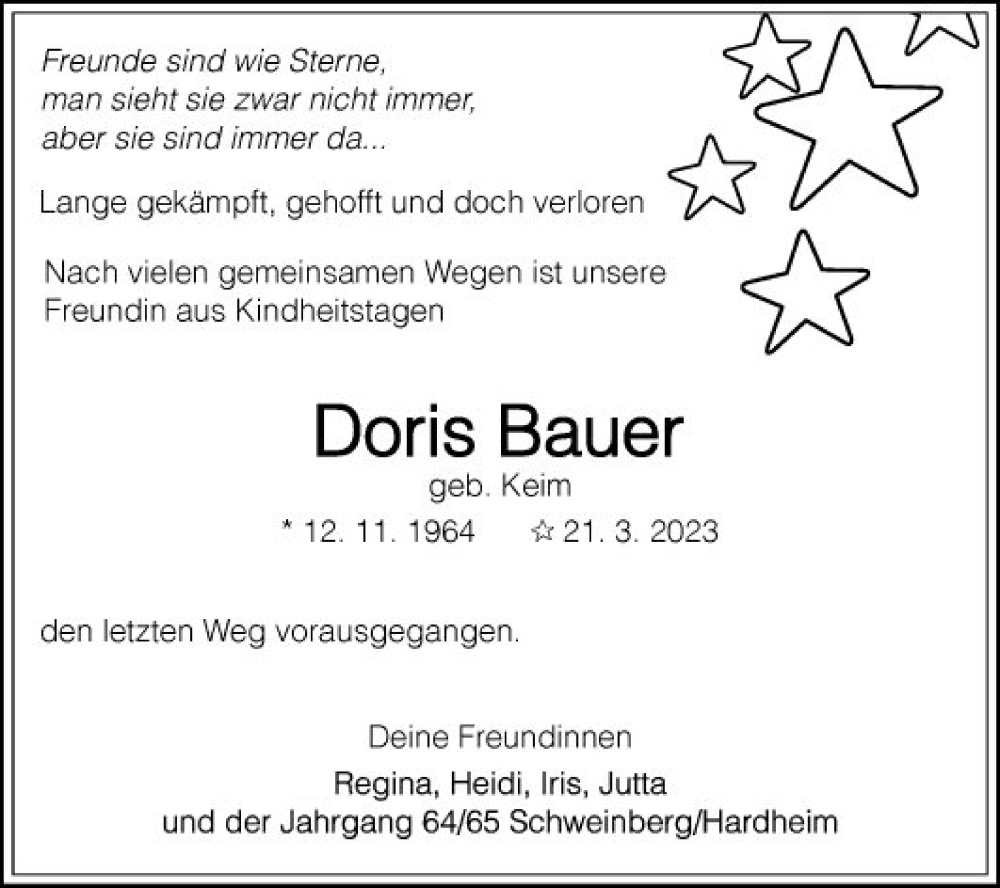  Traueranzeige für Doris Bauer vom 28.03.2023 aus Fränkische Nachrichten