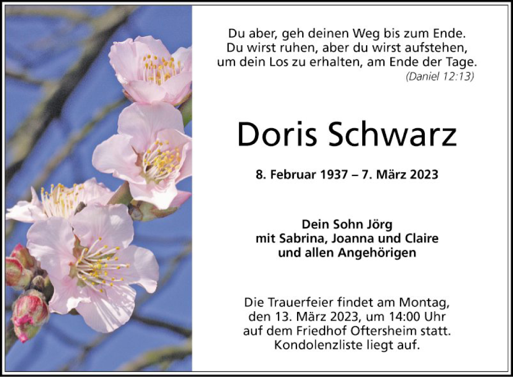  Traueranzeige für Doris Schwarz vom 11.03.2023 aus Schwetzinger Zeitung