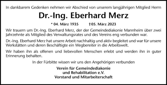 Traueranzeige von Eberhard Merz von Mannheimer Morgen