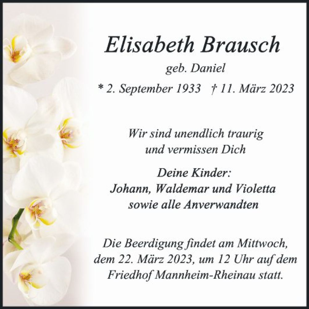  Traueranzeige für Elisabeth Brausch vom 18.03.2023 aus Mannheimer Morgen