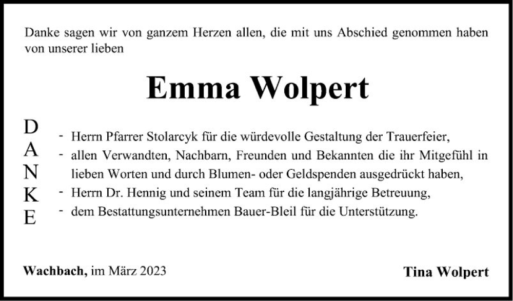  Traueranzeige für Emma Wolpert vom 04.03.2023 aus Fränkische Nachrichten