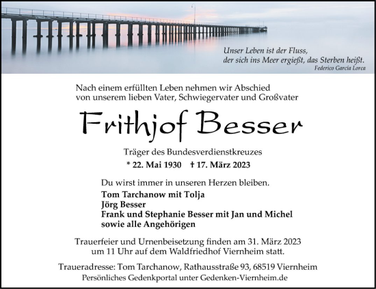 Traueranzeige von Frithjof Besser von Mannheimer Morgen