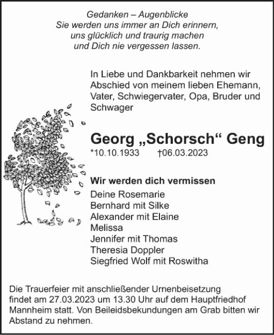 Traueranzeige von Georg  Geng von Schwetzinger Zeitung
