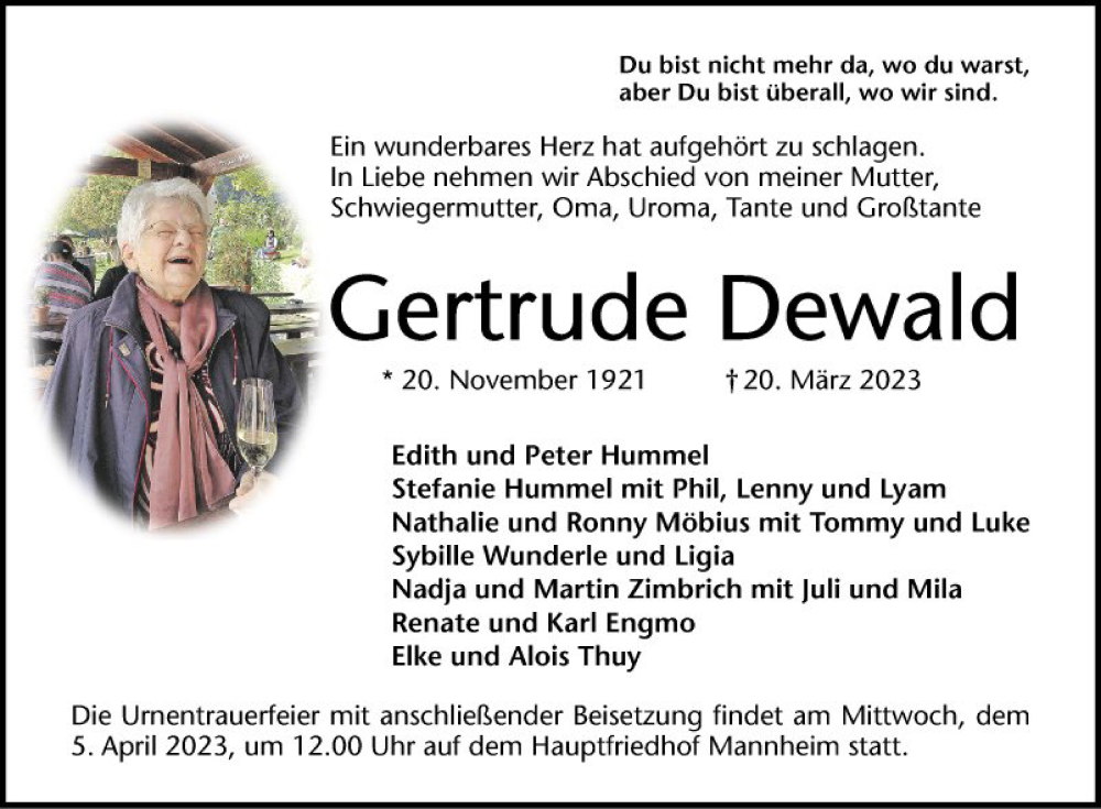  Traueranzeige für Gertrude Dewald vom 25.03.2023 aus Mannheimer Morgen