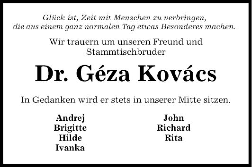  Traueranzeige für Geza Kovacs vom 18.03.2023 aus Fränkische Nachrichten