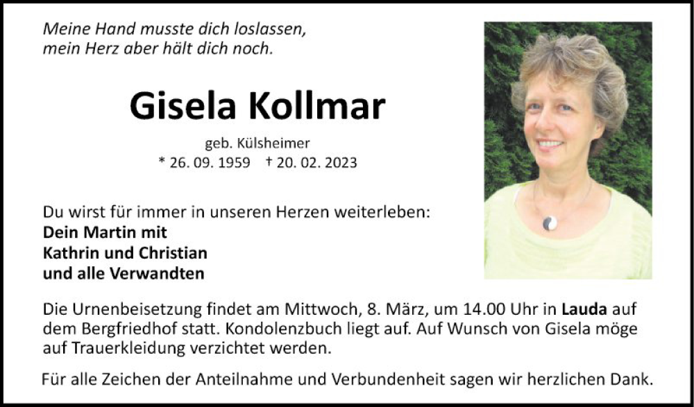  Traueranzeige für Gisela Kollmar vom 02.03.2023 aus Fränkische Nachrichten
