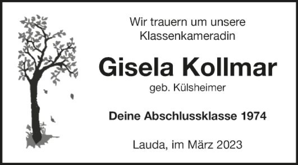  Traueranzeige für Gisela Kollmar vom 02.03.2023 aus Fränkische Nachrichten