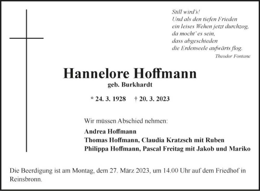  Traueranzeige für Hannelore Hoffmann vom 25.03.2023 aus Fränkische Nachrichten