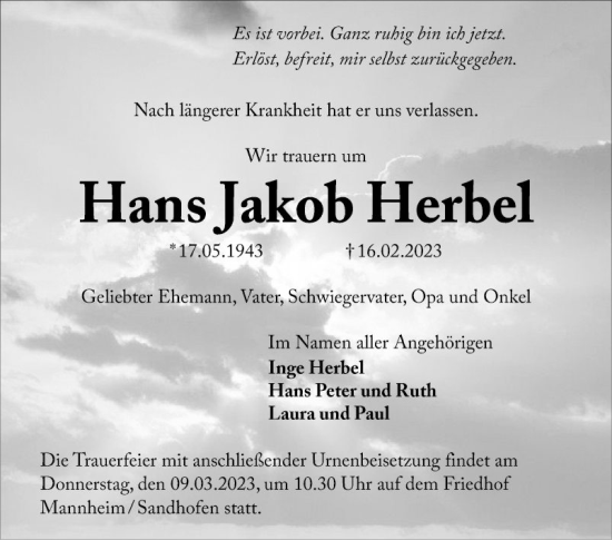 Traueranzeige von Hans Jakob Herbel von Mannheimer Morgen