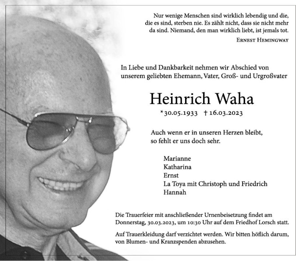  Traueranzeige für Heinrich Waha vom 25.03.2023 aus Bergsträßer Anzeiger