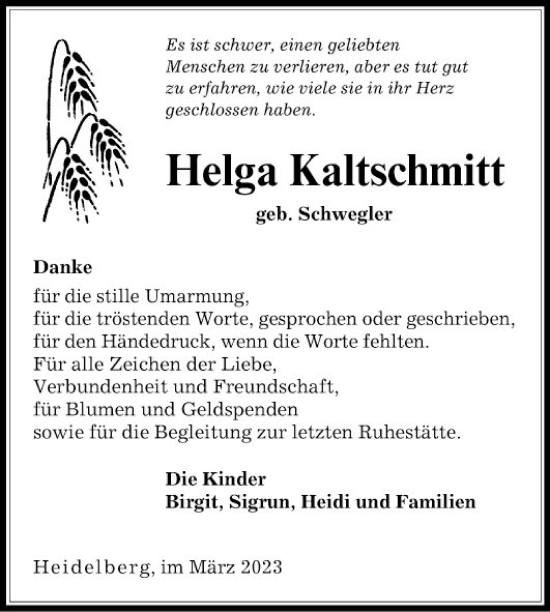 Traueranzeige von Helga Kaltschmitt von Schwetzinger Zeitung