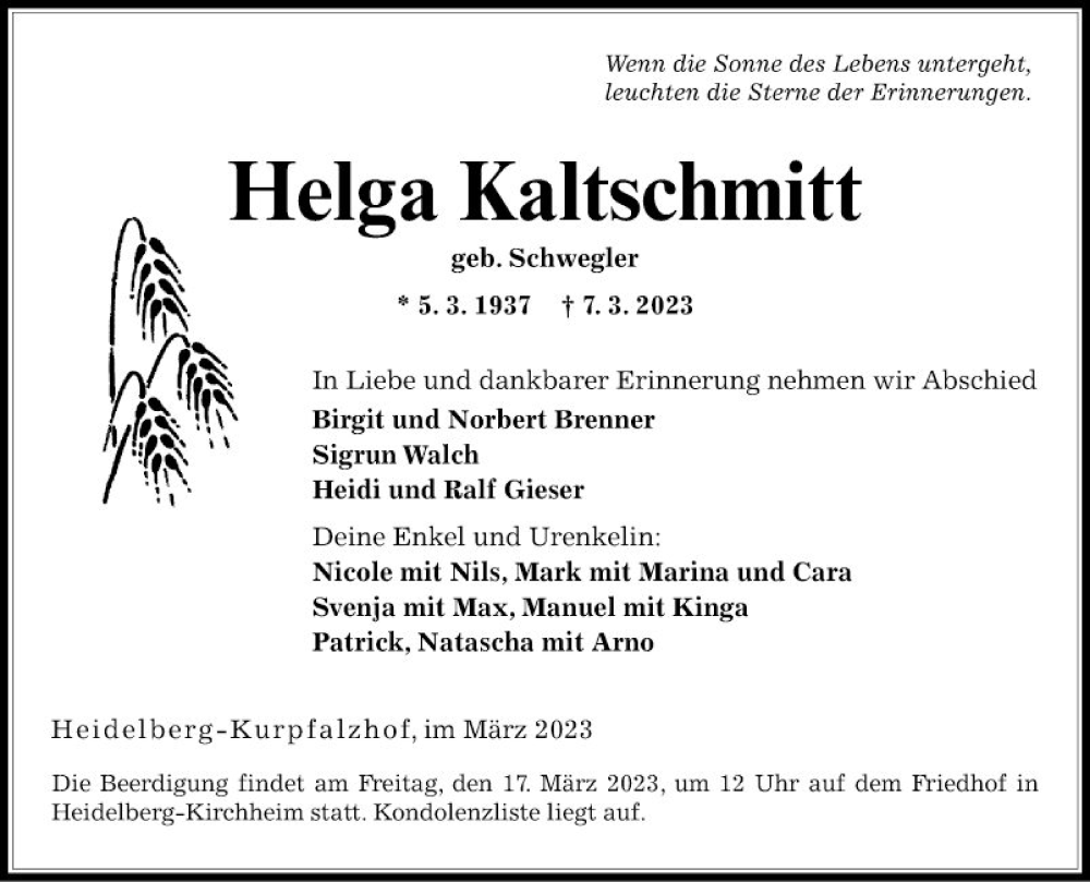  Traueranzeige für Helga Kaltschmitt vom 11.03.2023 aus Mannheimer Morgen