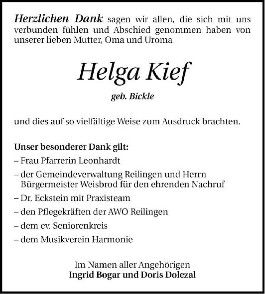  Traueranzeige für Helga Kief vom 18.03.2023 aus Schwetzinger Zeitung