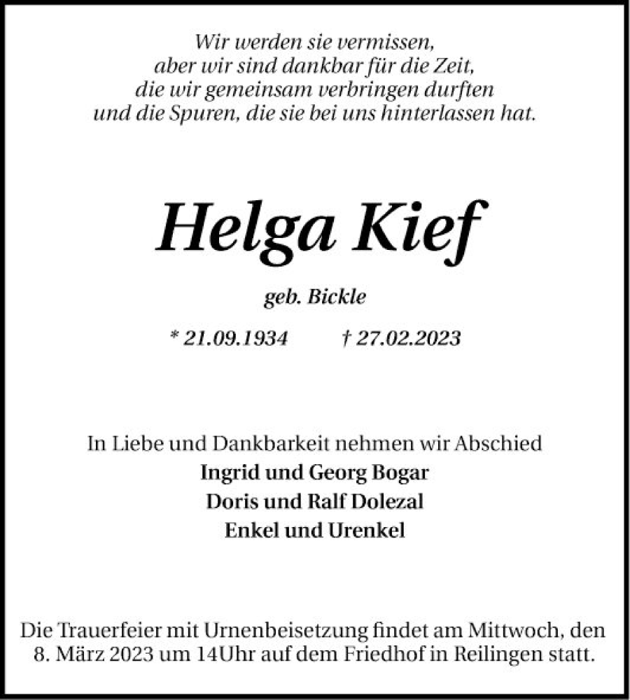  Traueranzeige für Helga Kief vom 04.03.2023 aus Schwetzinger Zeitung