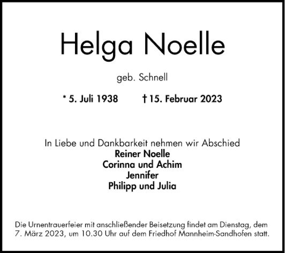  Traueranzeige für Helga Noelle vom 04.03.2023 aus Mannheimer Morgen