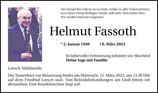 Traueranzeige von Helmut Fassoth von Bergsträßer Anzeiger
