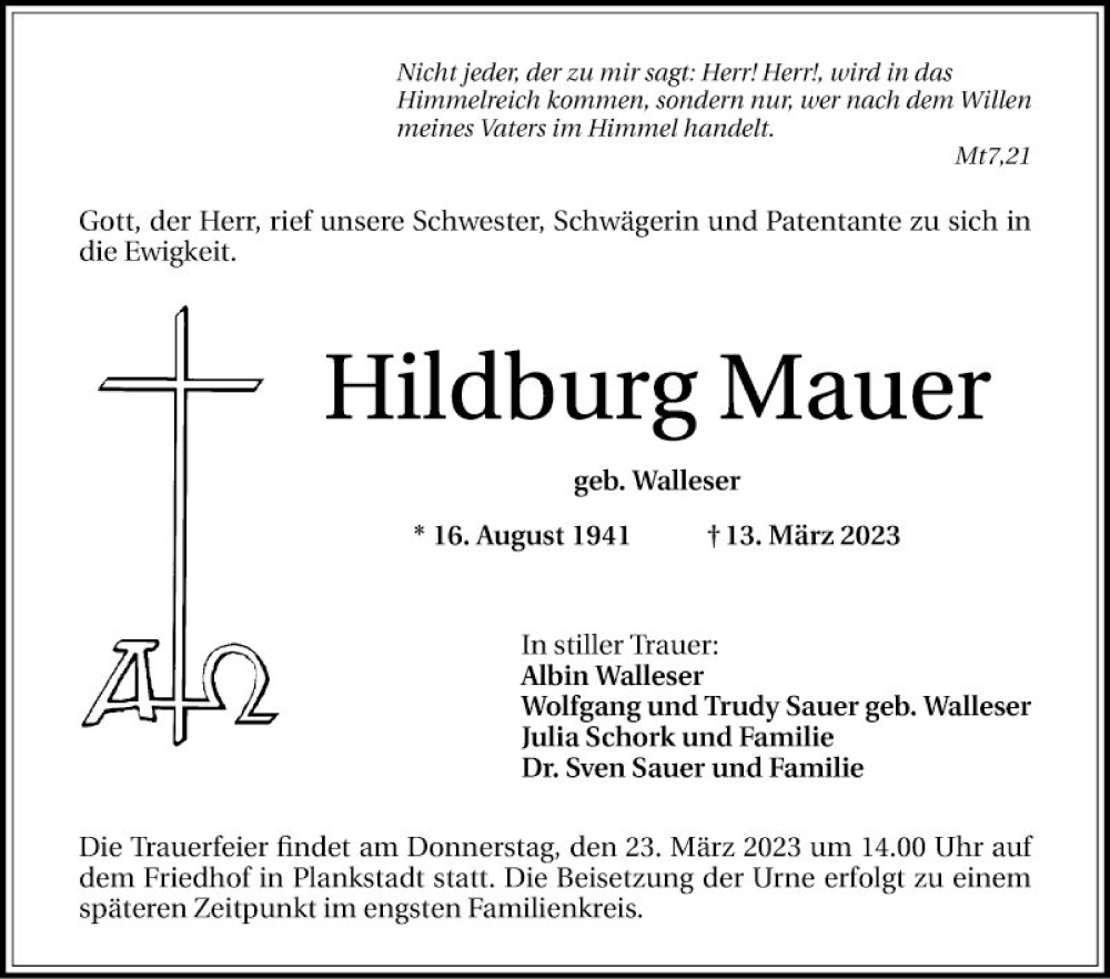  Traueranzeige für Hildburg Mauer vom 18.03.2023 aus Schwetzinger Zeitung