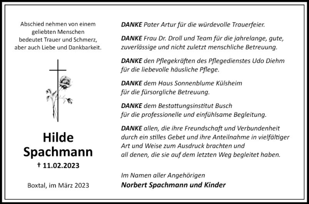  Traueranzeige für Hilde Spachmann vom 11.03.2023 aus Fränkische Nachrichten