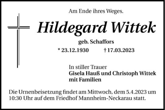 Traueranzeige von Hildegard Wittek von Mannheimer Morgen