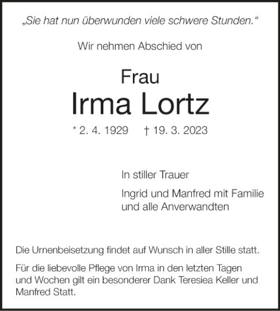 Traueranzeige von Irma Lortz von Fränkische Nachrichten