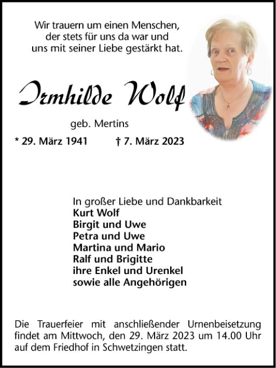 Traueranzeige von Irmhilde Wolf von Schwetzinger Zeitung