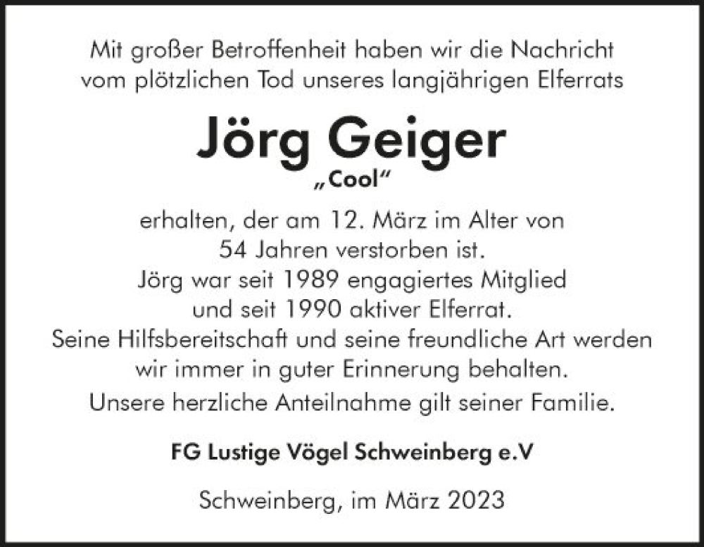  Traueranzeige für Jörg Geiger vom 18.03.2023 aus Fränkische Nachrichten