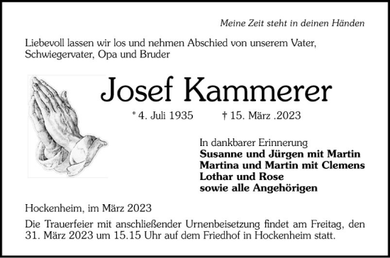 Traueranzeige von Josef Kammerer von Schwetzinger Zeitung