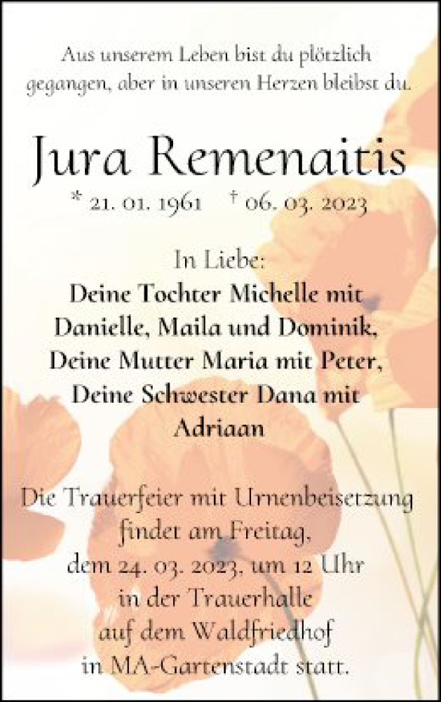  Traueranzeige für Jura Remenaitis vom 18.03.2023 aus Mannheimer Morgen