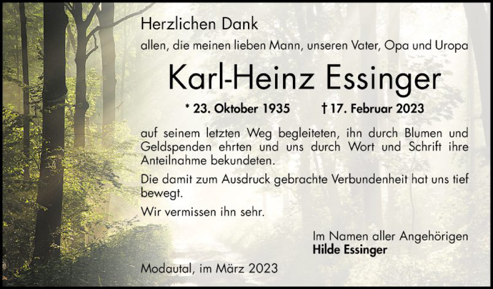  Traueranzeige für Karl-Heinz Essinger vom 01.04.2023 aus Bergsträßer Anzeiger