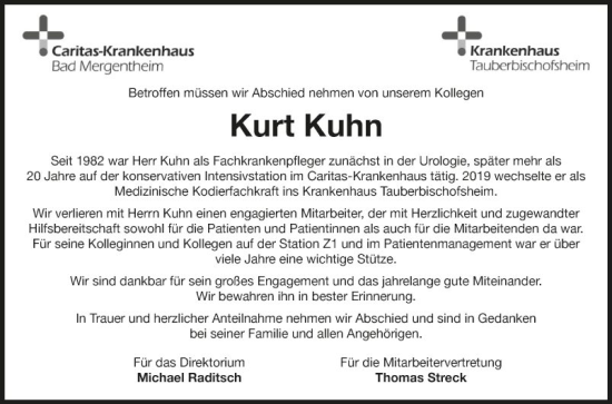 Traueranzeige von Kurt Kuhn von Fränkische Nachrichten