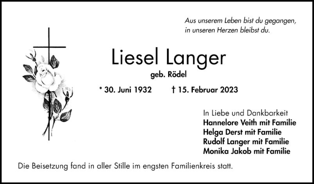  Traueranzeige für Liesel Langer vom 11.03.2023 aus Bergsträßer Anzeiger